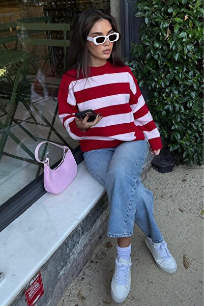 Madmext Pudra Bisiklet Yaka Çizgili Oversize Triko Kazak MG1972