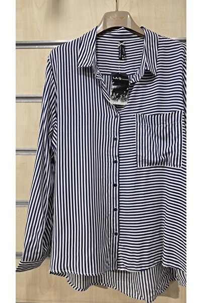 trendbysena Navy Blue Striped Women's Shirt Buttoned Viscose