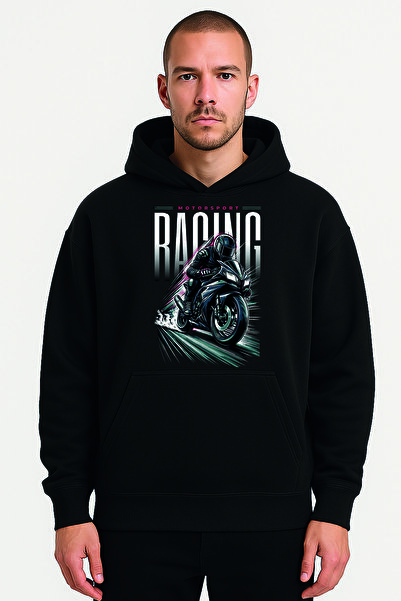 Racıng Logo Baskılı Siyah Oversize Kapşonlu Sweatshirt Hoodie