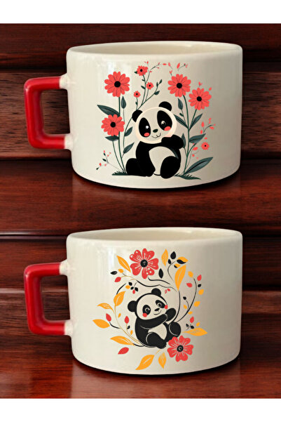 lili hediyelik Floral Panda Printed 2-Piece Coffee Cup Ceramic Mug - Ceramic Tea, Coffee Gift Cup