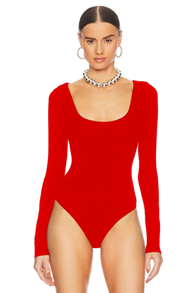 bysoca Дамски червен боди с дълъг ръкав, U-образно деколте, от копринен джърс...