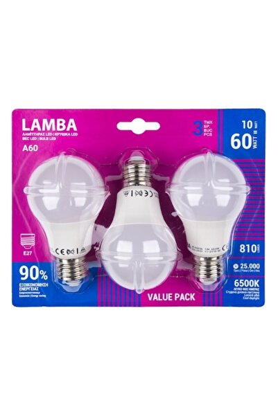 SHOPIENS LED Bulbs, A60, E27, Set of 3, Cool White Light, 10W, 6500K, 810 Lumens, 25,000 Hour Lifespan