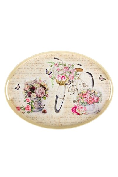 SHOPIENS Serving Tray, Bicycle Pattern, Plastic, Ecru, 42.5x31cm