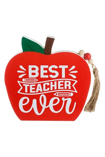ANTBRO wooden decoration - red apple with rope tassel and 3 beads, 'Best Teacher Ever', 17 x 2.8 x 1
