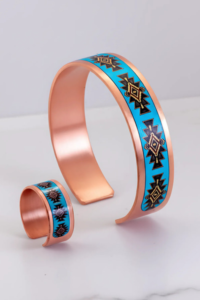 OSMANLI GÜMÜŞ Women's Copper Bracelet Ring Set - Charmaleon Model Special Edition Metal Box and Quartz Stone