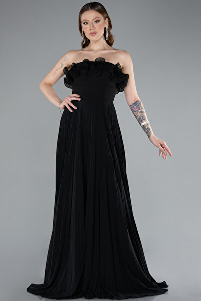 Abiyefon Siyah Straplez Piliseli Uzun Şifon Mezuniyet Elbisesi ABU4866