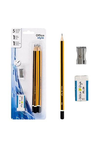 SHOPIENS Set of HB Pencils, Office Style, Black and Yellow, with Eraser and Metal Sharpener, 7 Pieces, MYONNA