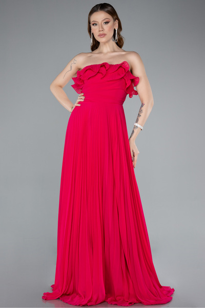 Abiyefon Fuşya Straplez Piliseli Uzun Şifon Mezuniyet Elbisesi ABU4866
