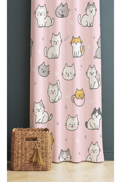 Else Dekor Κουρτίνα φόντου ψηφιακής εκτύπωσης με ροζ χαριτωμένα γατάκια 140x260cm