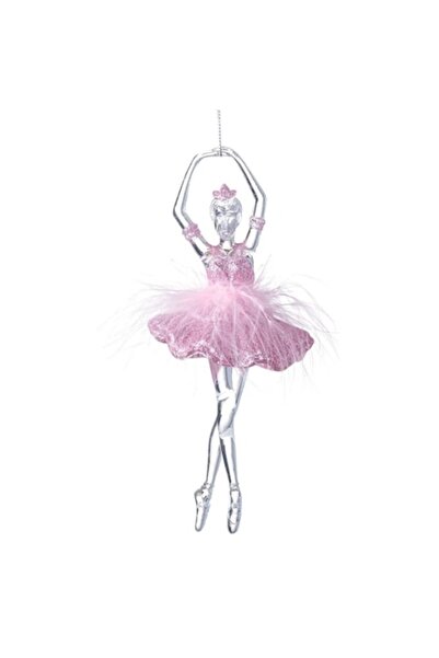 OEM Ornament de Crăciun pentru brad - Balerină, transparent cu fustă roz cu sclipici și pană albă, 18 cm