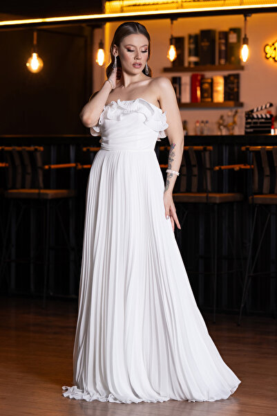 Abiyefon Ekru Straplez Piliseli Uzun Şifon Mezuniyet Elbisesi ABU4866