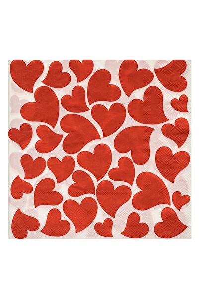 OEM Napkins with Red Heart Design, 33x33cm, Set of 20, White and Red, 2 Layers
