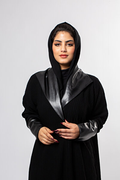 outline Black abaya with leather details