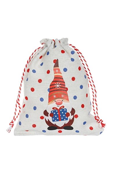 SHOPIENS Geantă textilă de Crăciun, model Gnome, ecru, 12x15cm, buline roșii ...