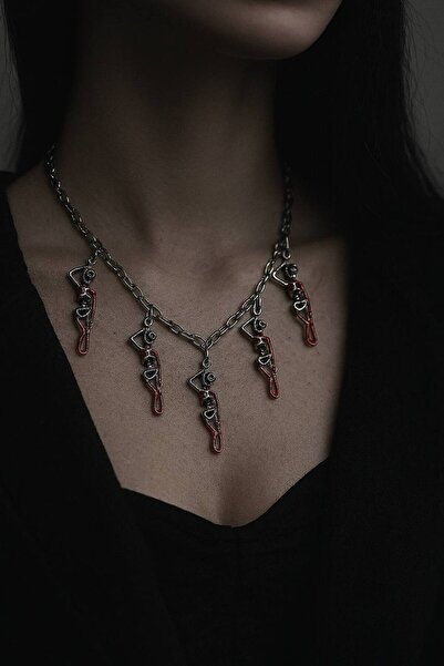 Herşey Nota قلادة نسائية قوطية مكونة من 5 قطع مع هيكل عظمي أحمر - مع سلسلة بط...