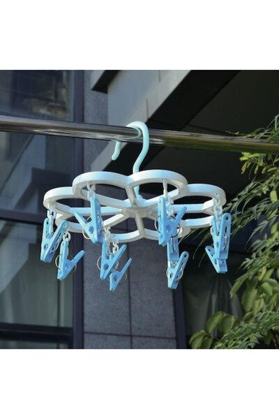 SHOPIENS Drying Rack with 12 Hooks, 25x25 cm, Plastic, White/Blue