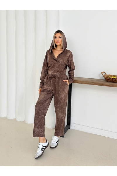 LE CARAMBOLE Women's Coffee-Colored Hooded Blouse Pants Bottom Top Set