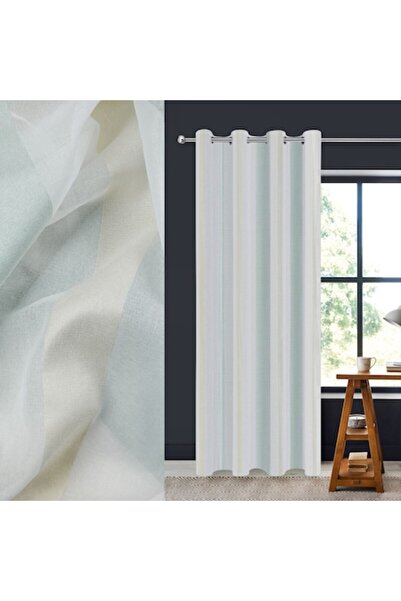 SHOPIENS Perdea decorativă cu dungi alb-verde-mentă, 140x260 cm, inele, poliester