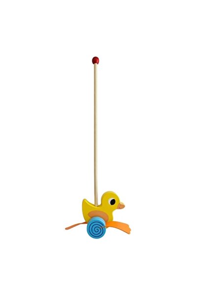 MYONNA IT & E- COMMERCE Push Toy Duck, Wooden, Yellow, 13x11 cm, Blue-Orange Wheels