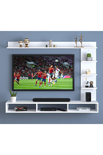 Modern home Wood Wall Mount TV Unit With side and top shelves for TVs up to 55 Inches 160cm White