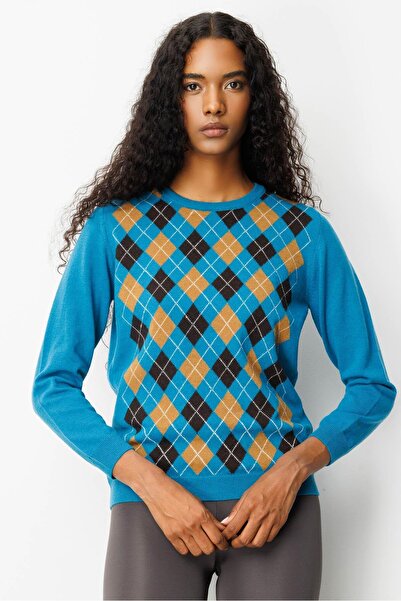 Desen Triko Kadın Sıfır Yaka Önü Baklava Desenli Yün Kazak A.Petrol
