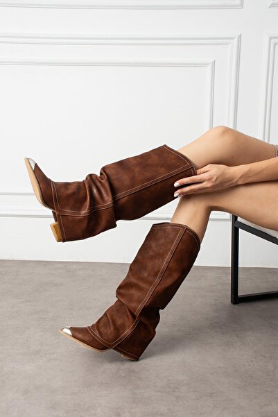 ShoeTek Lavem Kadın Çizme Kovboy Körüklü Taba Mat Deri