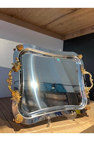zaTen Pazar 6'LI GOLD DETAYLI AYAKLI OVAL GÜMÜŞ ÇAY KAHVE SUNUM TEPSİSİ