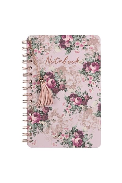 SHOPIENS Caiet spiralat A5, copertă florală roz cu ciucure, 80 de coli