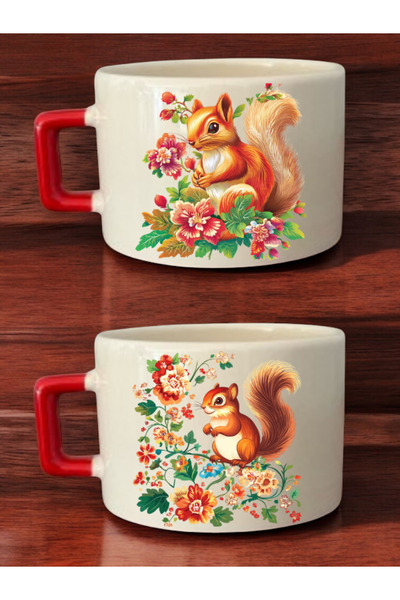lili hediyelik Flower and Squirrel Printed 2-Piece Coffee Cup Ceramic Mug - Ceramic Tea, Coffee Gift Cup