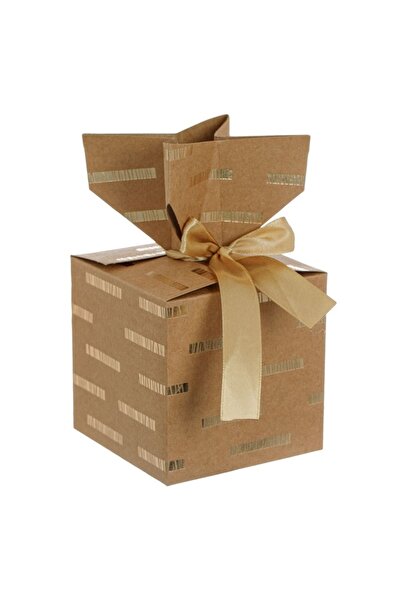 OEM Set Cutii pentru Dulciuri, Kraft, 10x10x10cm, Linii Folie Aurie, Panglica, 4 Bucati