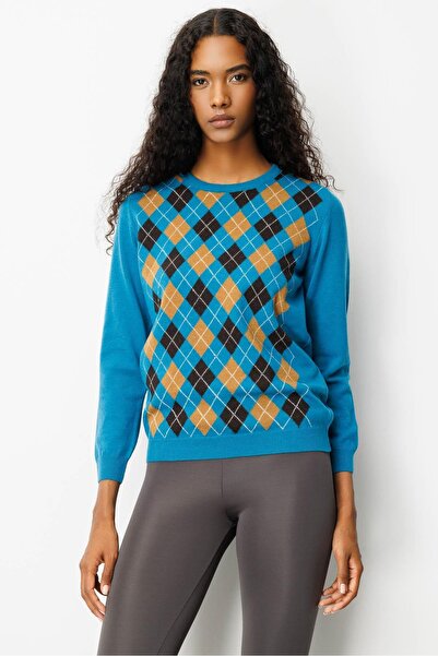 Desen Triko Kadın Sıfır Yaka Önü Baklava Desenli Yün Kazak A.Petrol