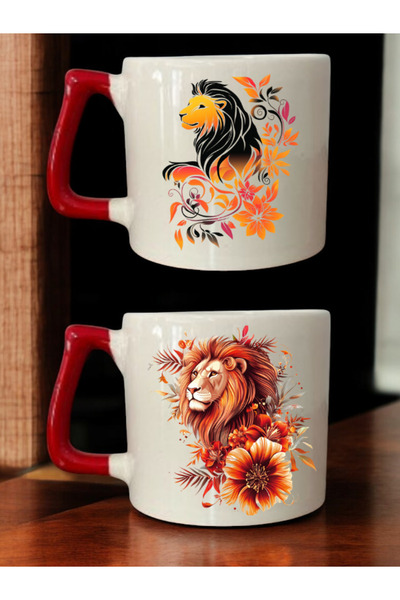lili hediyelik Lion Flower Theme Printed Set of 2 Coffee Cups Ceramic Mug - Ceramic Tea, Coffee Gift Cup