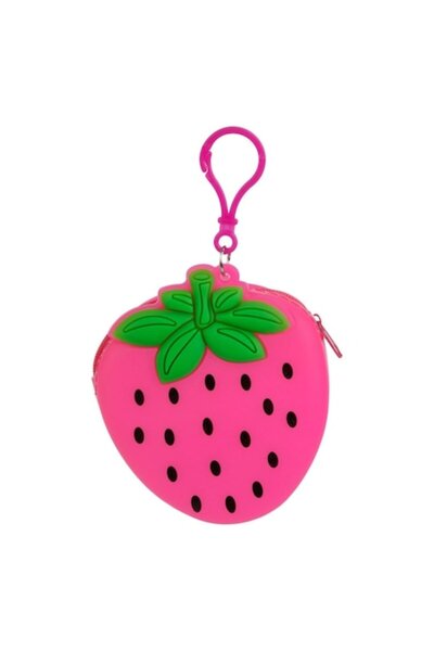 SHOPIENS Silicone Wallet, Strawberry Design, Fluorescent Pink, 9 x 2.5 x 10 cm, Keychain Included