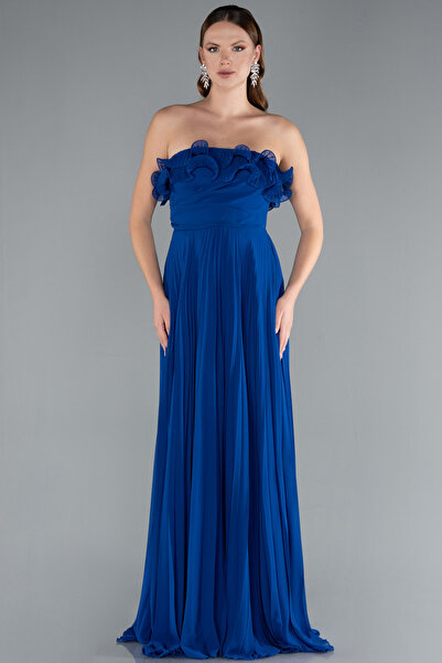 Abiyefon Saks Mavi Straplez Uzun Şifon Mezuniyet Elbisesi ABU4866