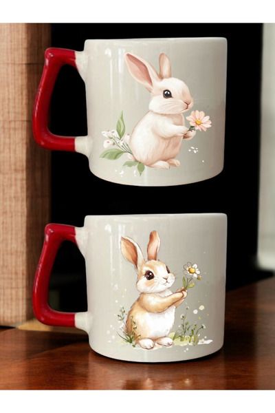 lili hediyelik Flower Rabbit Printed 2-Piece Coffee Cup Ceramic Mug - Ceramic Tea, Coffee Gift Cup