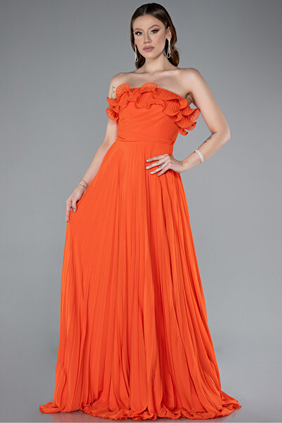 Abiyefon Orange Straplez Piliseli Uzun Şifon Mezuniyet Elbisesi ABU4866
