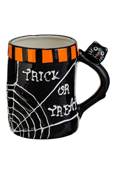 SHOPIENS Cană ceramică 3D „Trick or Treat” cu pisică neagră, 450 ml, neagră