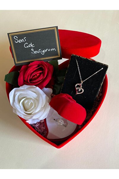 JUPİTER HOME Kalpli Kutuda 100 Dilde Seni Seviyorum Kolyesi Ve Yüzük Setti 14 Şubat Sevgililer Günü Hediyesi