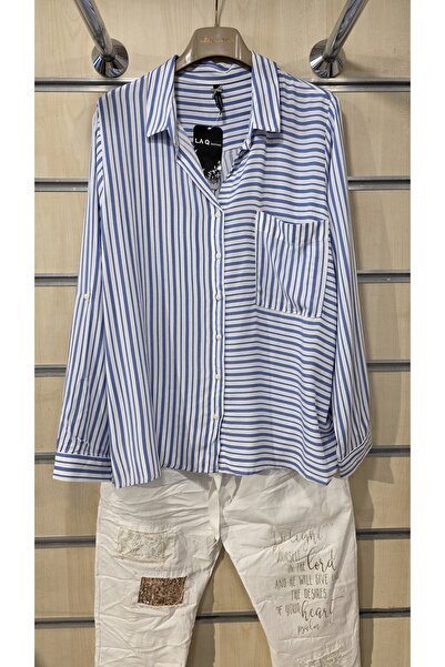 trendbysena Blue Striped Women's Shirt Buttoned