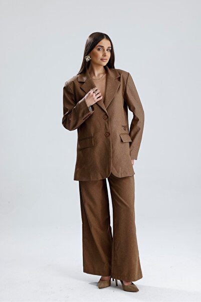 VAPUR TEKSTİL Three-Pocket Button-Front Oversize Blazer Jacket - Light Brown