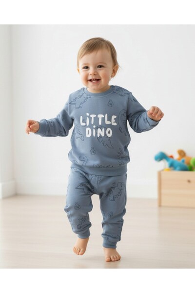 Ege Bebek Baby Boy Little Dino Printed 6-9-12-18-24 Months Seasonal, Long Sleeve 2 Thread Baby Set
