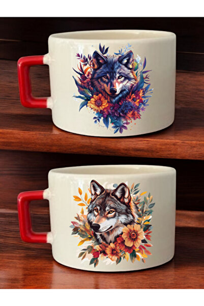 lili hediyelik Flower Wolf Theme Printed 2-Piece Coffee Cup Ceramic Mug - Ceramic Tea, Coffee Gift Cup