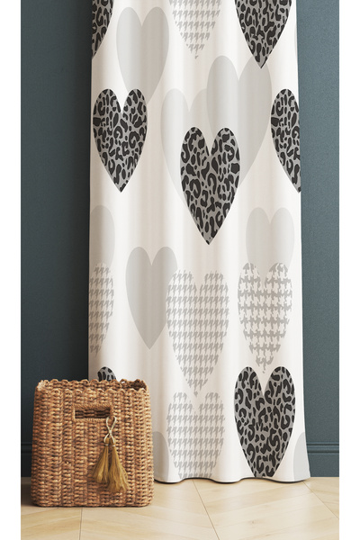 Else Dekor Κουρτίνα φόντου ψηφιακής εκτύπωσης με μοτίβο γκρι μαύρες καρδιές 140x260cm