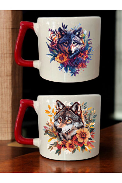 lili hediyelik Lion Wolf Printed Set of 2 Coffee Cups Ceramic Mug - Ceramic Tea, Coffee Gift Cup