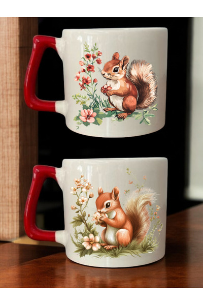 lili hediyelik Set of 2 Coffee Cups Ceramic Mug with Flower and Squirrel Image - Ceramic Tea, Coffee Gift Cup