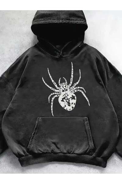Toum Washable Spider Printed Vintage Hooded Sweatshirt