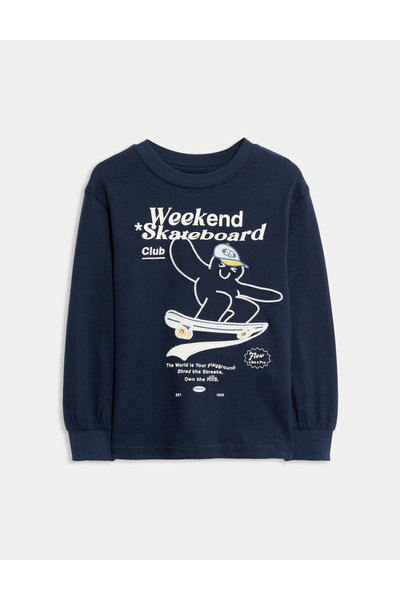 Marks & Spencer Saf Pamuklu Grafik Baskılı Uzun Kollu Tişört (2–8 Yaş)