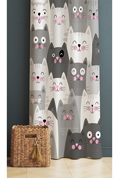 Else Dekor Gray White Cats Patterned Digital Printing Background Curtain 140X260Cm