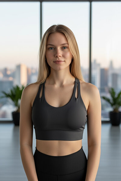 TRENDY Siyah sporcu dalgıç kumaş gizli sünger detaylı sporcu atleti& sporcu crop