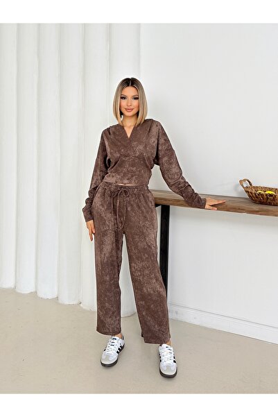 LE CARAMBOLE Women's Coffee-Colored Hooded Blouse Pants Bottom Top Set